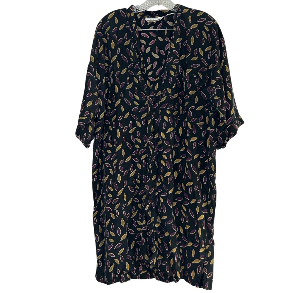 Perry Ellis Women's Black Purple Gold Leaf Print Button Down Shirt Dress  m silk